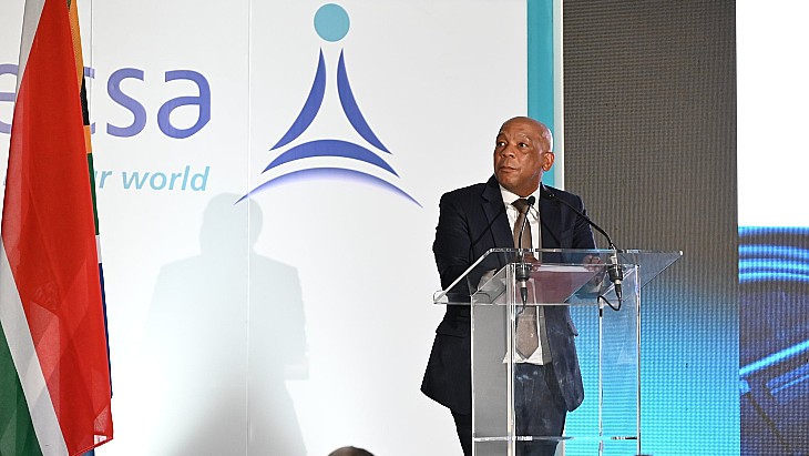 Minister Kgosientso Ramokgopa speaking at the 60th-anniversary event of the Safari-1 reactor at NECSA, South Africa.